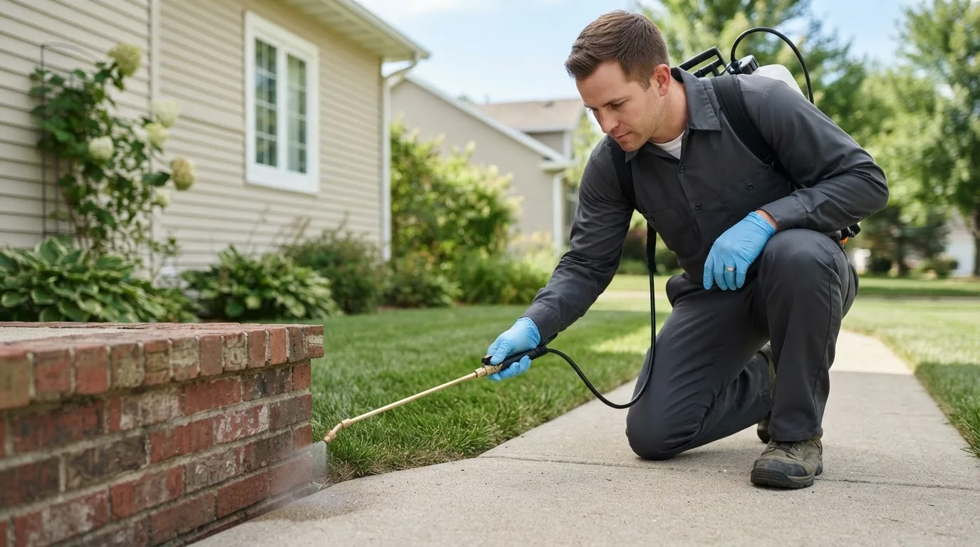 Pest control technician treating a home near West Union, IA