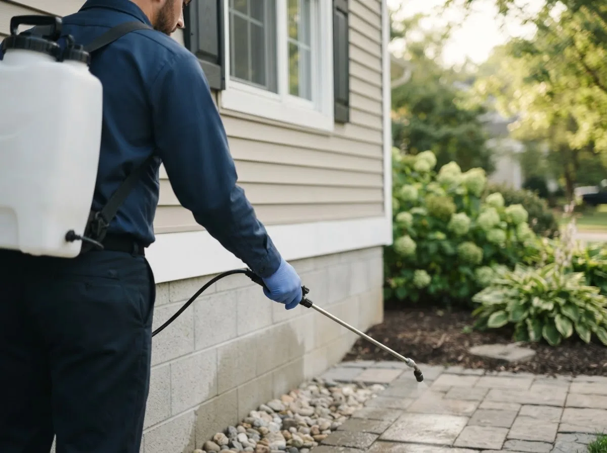 Pest control technician inspecting a home in West Union, IA